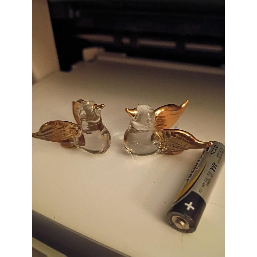 Vintage Miniature Hand Blown Glass Bird Figurines Clear Gold Accents Set of 2